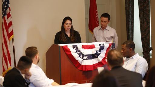 Veteran students speaking at an information session.